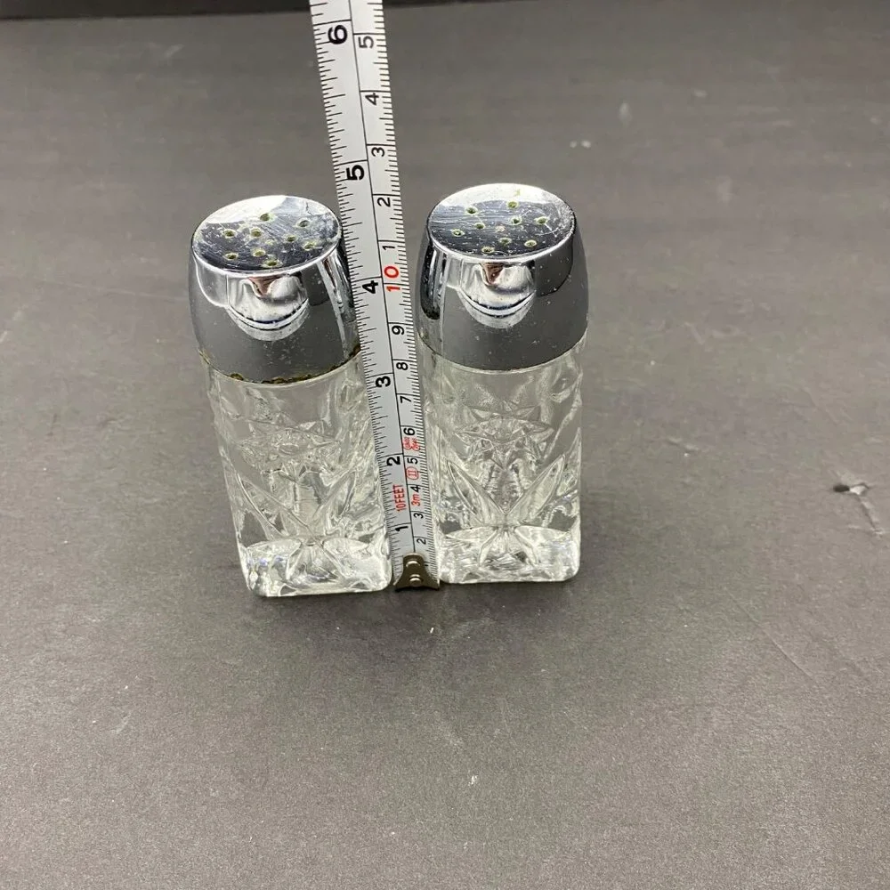 Vintage Crystal‎ Salt & Pepper Shakers With Chrome Tops Starburst Pattern MCM